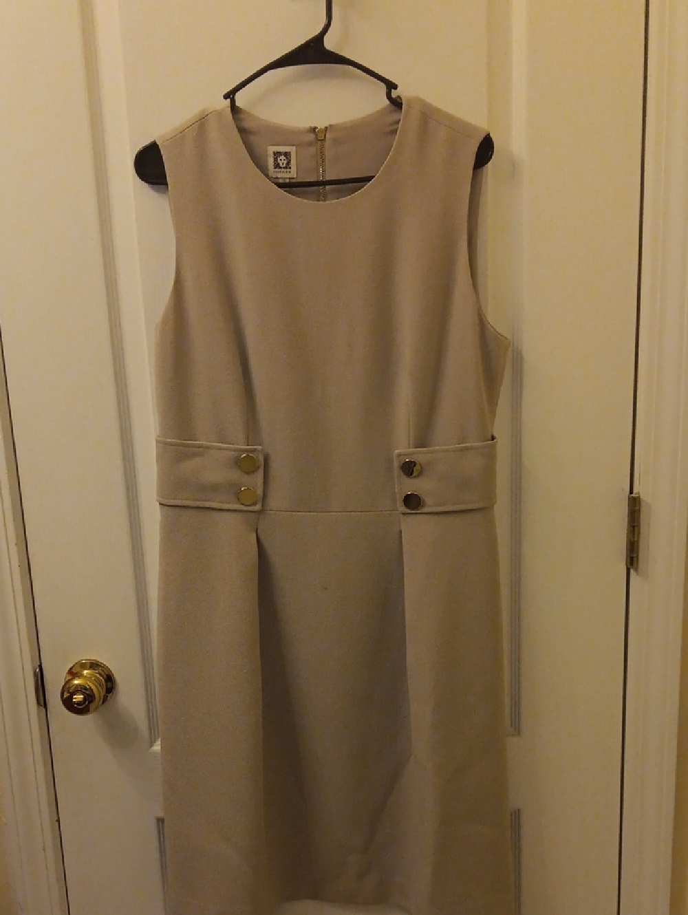 Anne Klein Taupe Sleeveless Shift Dress with Gold-Tone Buttons